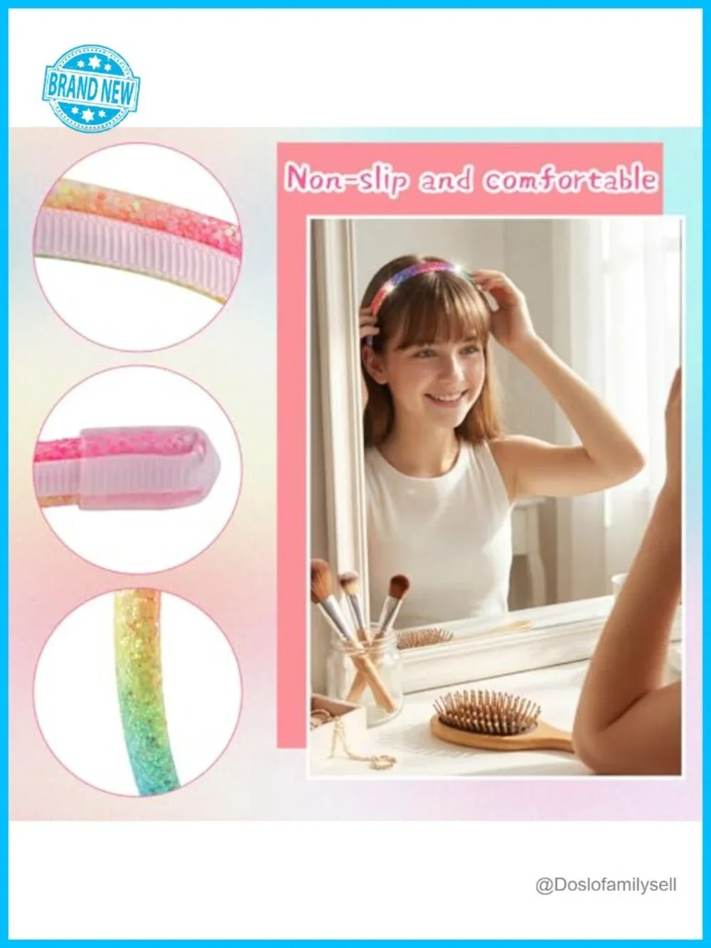 8 Pack Rainbow Glitter Headbands - Non-Slip, Silicone Sleeves, Comfort Fit Hair